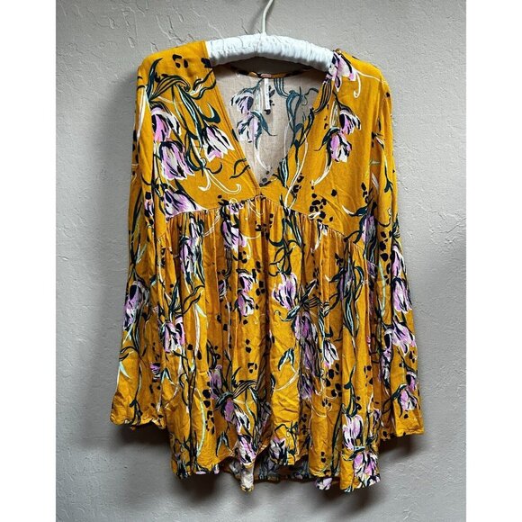 Free People Bella Golden Yellow Floral Print Babydoll Waist Tunic Top Small - Picture 1 of 7